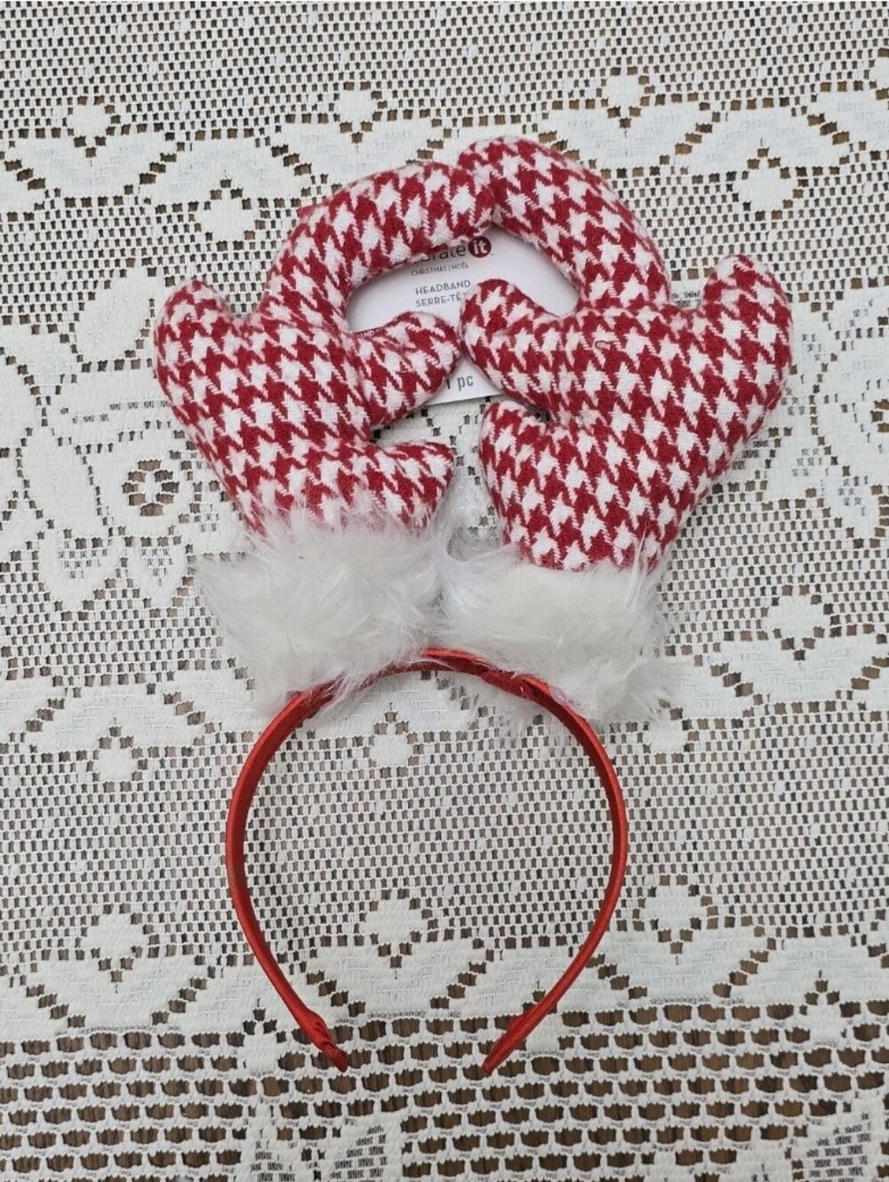 NWT Christmas Reindeer Antlers Headband Red White Houndstooth Plaid Celebrate It